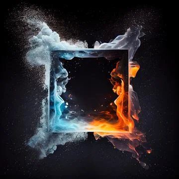A square frame in the clash of ice and fire on black background. Stock Illustration