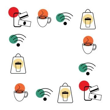 Square Frame with Coffee and Contactless Payment Icons Minimal Flat design for Stock Illustration
