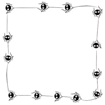 Square Frame of cute little spiders with eyes on web. Halloween vector backgr Illustrazione stock