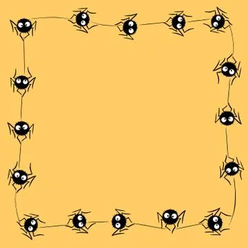 Square Frame of cute little spiders with eyes on web. Halloween vector backgr Illustrazione stock