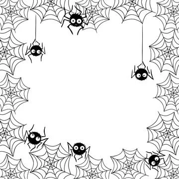 Square Frame of cute little spiders with eyes on web. Halloween vector backgr Illustrazione stock