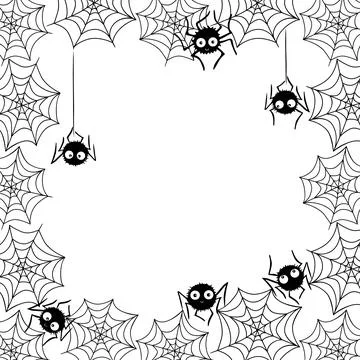 Square Frame of cute little spiders with eyes on web. Halloween vector backgr Illustrazione stock