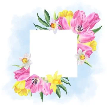 Square frame of daffodils, tulips flowers and leaves with blue spots. watercolor Stock Illustration