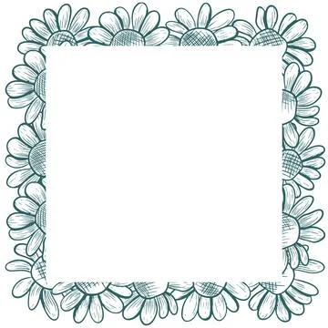 A square frame with daisies. Vector frame in a line art style. Botanical dr.. Stock Illustration