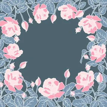 Square frame of delicate pink roses with leaves. Hand drawn flower silhouette Stock Illustration