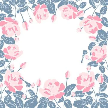 Square frame of delicate pink roses with leaves. Hand drawn flower silhouette Stock Illustration