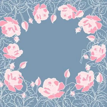 Square frame of delicate pink roses with leaves. Hand drawn flower silhouette Stock Illustration