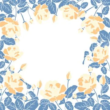 Square frame of delicate yellow roses with leaves. Hand drawn flower silhouet Stock Illustration