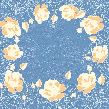 Square frame of delicate yellow roses with leaves. Hand drawn flower silhouette Stock Illustration