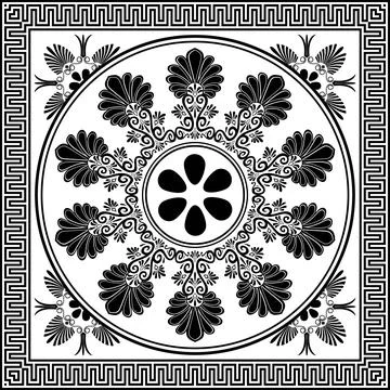 Square frame for design with Greek key, floral meander tile. Egyptian, Assyrian, Stock Illustration