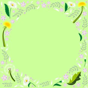 Square frame of different summer flowers on a green background Stock Illustration