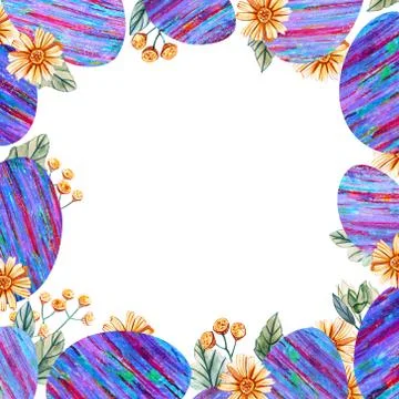 Square frame with Easter eggs with colorful stripes and wild flowers. Stock Illustration
