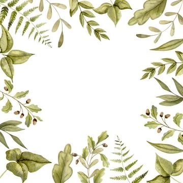 Square Frame with forest green leaves. Hand drawn watercolor illustration of Stock Illustration