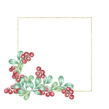 A square frame with a gold outline, decorated with a cluster of red cranber.. 스톡 일러스트