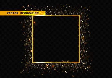 Square Frame with golden glitter by border. Realistic Holiday decoration. Bla Stock Illustration