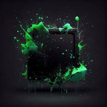 A square frame with green paint splashes on black background. Stock Illustration
