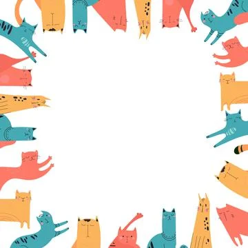 Square frame of hand-drawn cats for print, textile, t-shirts, posters. Vector Stock Illustration