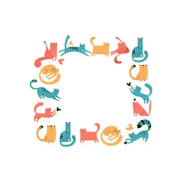 Square frame of hand-drawn cats for print, textile, t-shirts, posters. Vector Stock Illustration