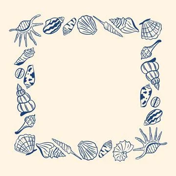 Square frame of hand-drawn shells and mollusks in Mediterranean style Stock Illustration