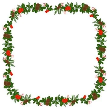 Square frame with Holly berry, pine branch and cones Stock Illustration