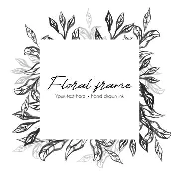 Square frame with ink abstract branch and leaves collection. Floral hand drawn Stock Illustration