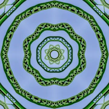 Square frame Interesting Circular green metal bars created using reflections in Foto stock