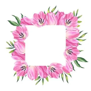 Square frame of leaves and pink tulips flowers. watercolor illustration Stock Illustration