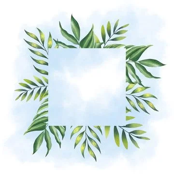 Square frame of leaves with blue spots. Hand drawn watercolor illustration Stock Illustration