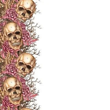 Square frame with left border skulls and roses gothic watercolor Stock Illustration