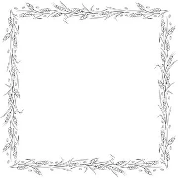 Square frame made of contour wheat or rye ears. Vector autumn border, backdro Stock Illustration