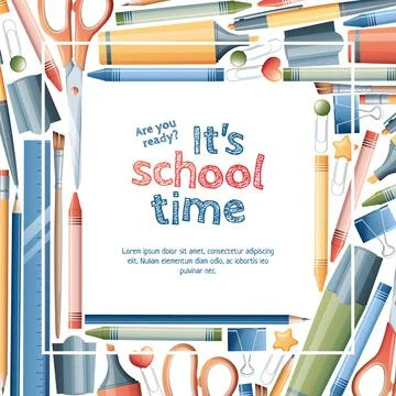 Square frame made of stationery. Pen, pencil, marker, brush, paper clips. Bac Stock Illustration