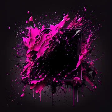A square frame with magenta paint splashes on black background. Stock Illustration