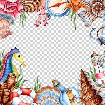 Square frame with marine watercolor elements Stock Illustration