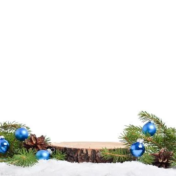 Square frame minimalistic scene of a lying tree log with a fir branch and blu Foto stock