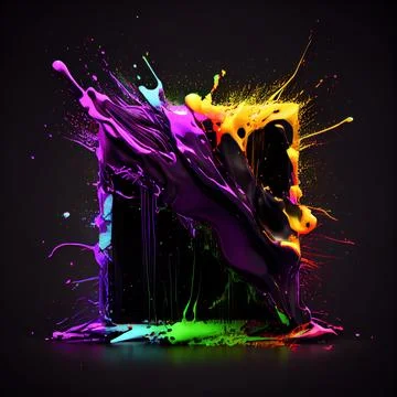 A square frame with neon paint splashes on black background. Stock Illustration