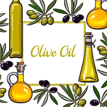 Square frame of olive branches and oil bottles with place for text Stock Illustration