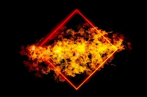 Square frame with orange flames in frame on black background. Stock Photos