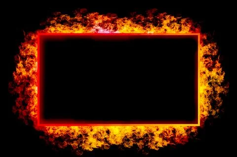 Square frame with orange flames in frame on black background. Stock Photos