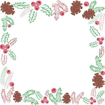 Square frame with pine cones, fir branches and berries. Vector. Framing Stock Illustration
