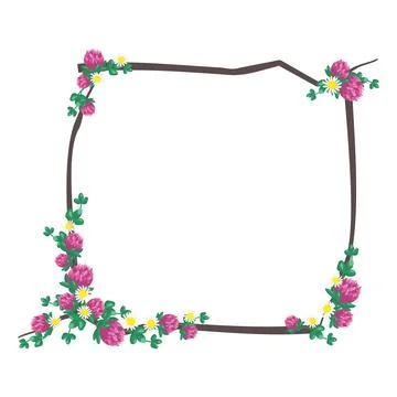 Square frame of pink clover flowers and white daisies and branches Illustrazione stock