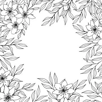 Square frame with plant composition. vector hand drawn flower, leaves, branch Stock Illustration