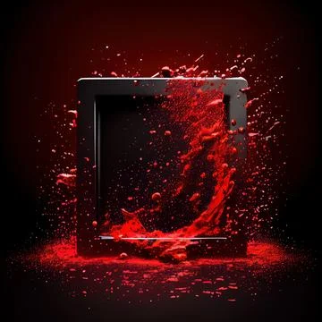 A square frame with red paint splashes on black background. Illustrazione stock