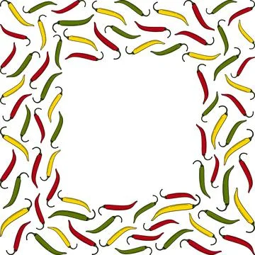 Square frame of red, yellow and green chili peppers around a white square center Stock Illustration