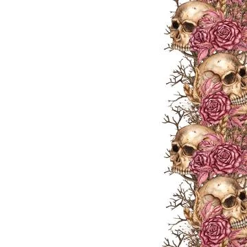 Square frame with right border skulls and roses gothic watercolor Stock Illustration
