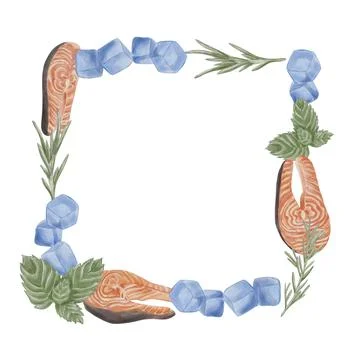 A square frame with salmon fillet, ice cubes, rosemary, and mint. Watercolo.. Stock Illustration