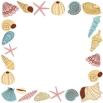 Square frame with sea shell in cute pastel color, traveling and vacation th.. Stock Illustration