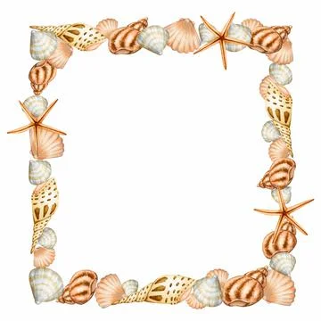 Square frame with seashells.Watercolor design element for cards, invitations, Stock Illustration