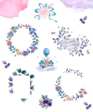 Square Frame set with blue roses, lilacs, flowers, botanical floral illustrat Stock Illustration