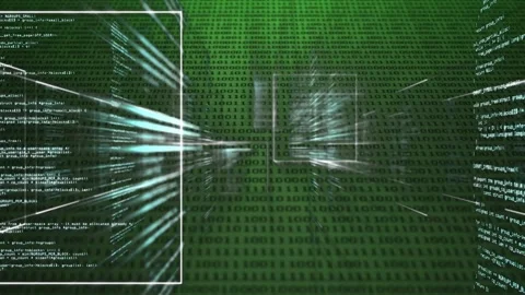 Square frame shifting right with code panels appearing and sending cyan streaks, Stock Footage 332285083