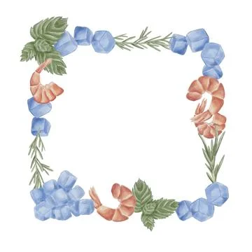 A square frame with shrimp, ice cubes, rosemary, and mint. Watercolor illustr Stock Illustration